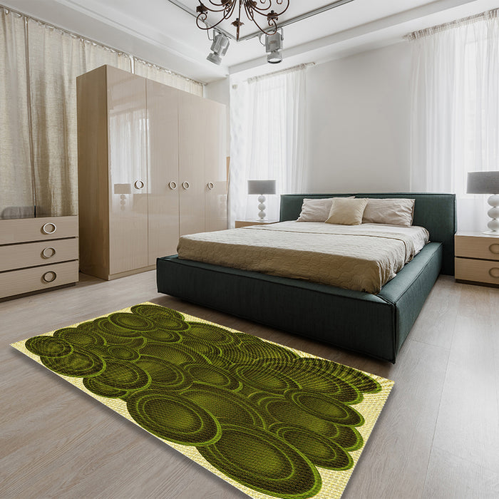Patterned Dark Yellow Green Rug in a Bedroom, pat3328yw
