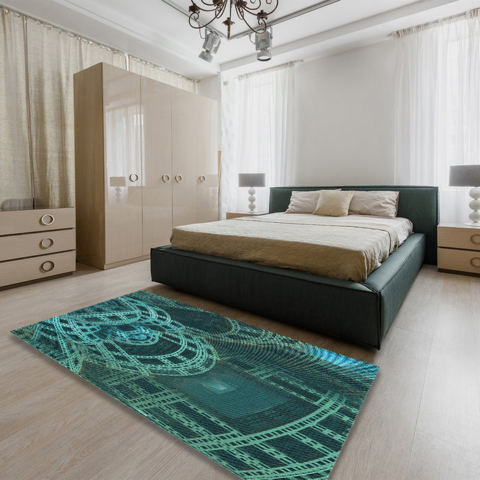 Round Machine Washable Transitional Deep Teal Green Rug in a Office, wshpat3329lblu