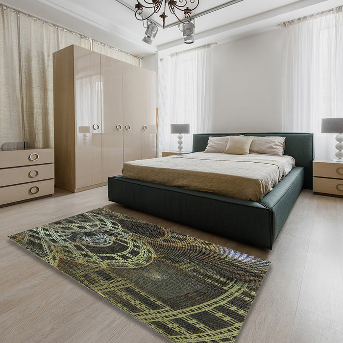 Patterned Khaki Green Novelty Rug in a Bedroom, pat3329