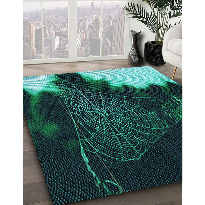 Patterned Deep Teal Green Rug in Family Room, pat3330lblu