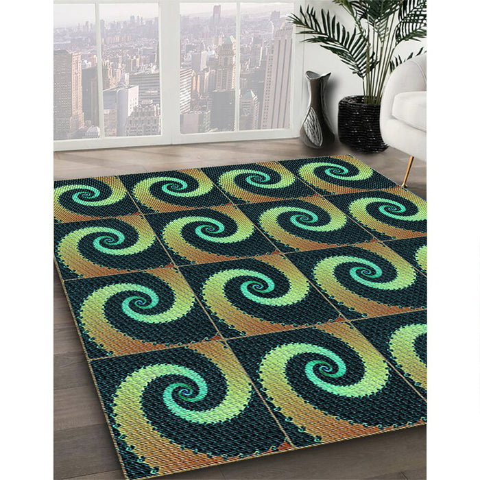 Patterned Green Rug in Family Room, pat3332lblu