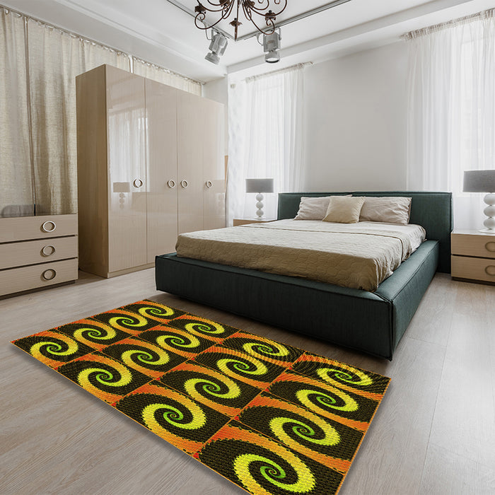 Patterned Black Brown Rug in a Bedroom, pat3332yw
