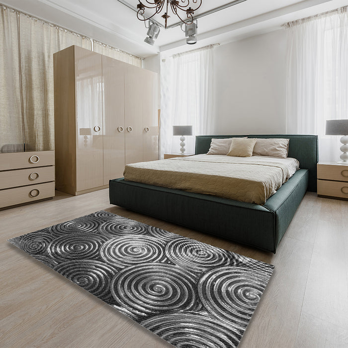 Round Machine Washable Transitional Dark Gray Black Rug in a Office, wshpat3333gry