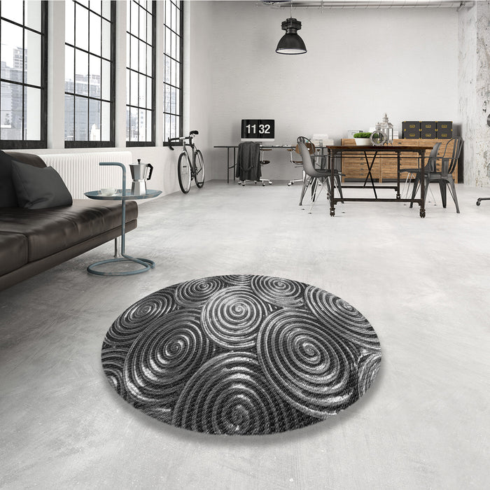 Round Patterned Dark Gray Black Rug in a Office, pat3333gry