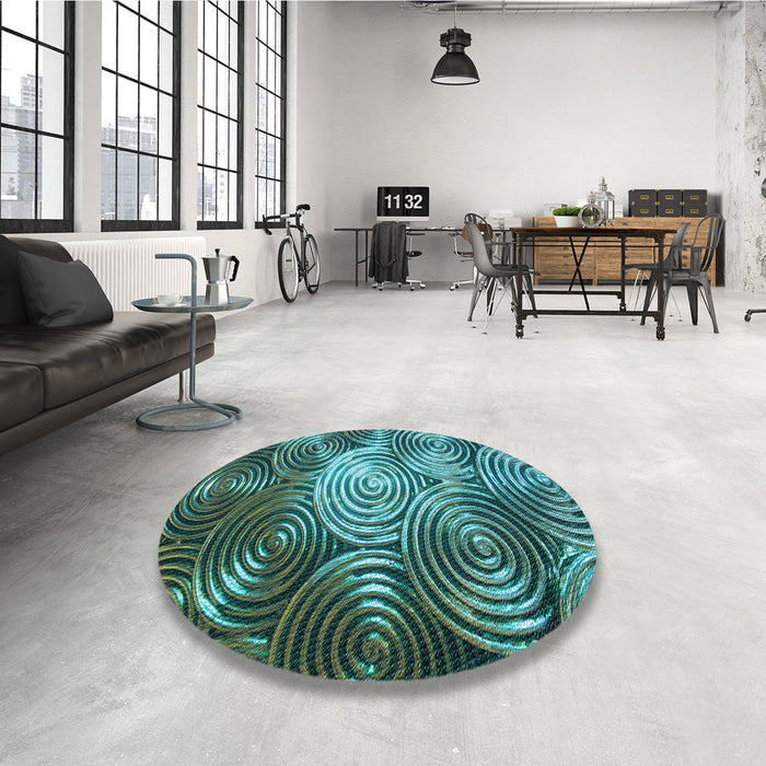 Round Patterned Medium Teal Green Rug in a Office, pat3333lblu