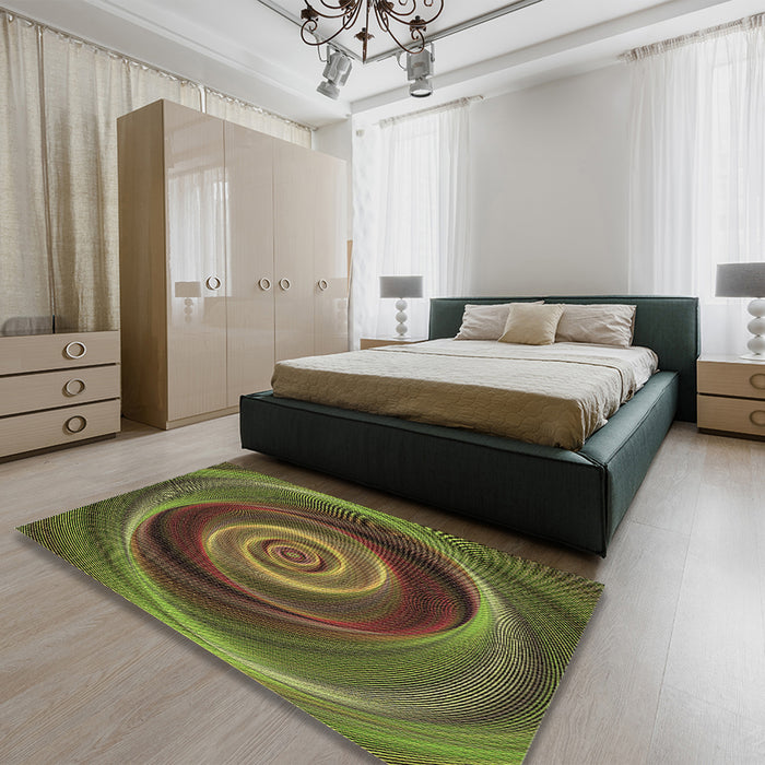 Patterned Dark Yellow Green Rug in a Bedroom, pat3339brn