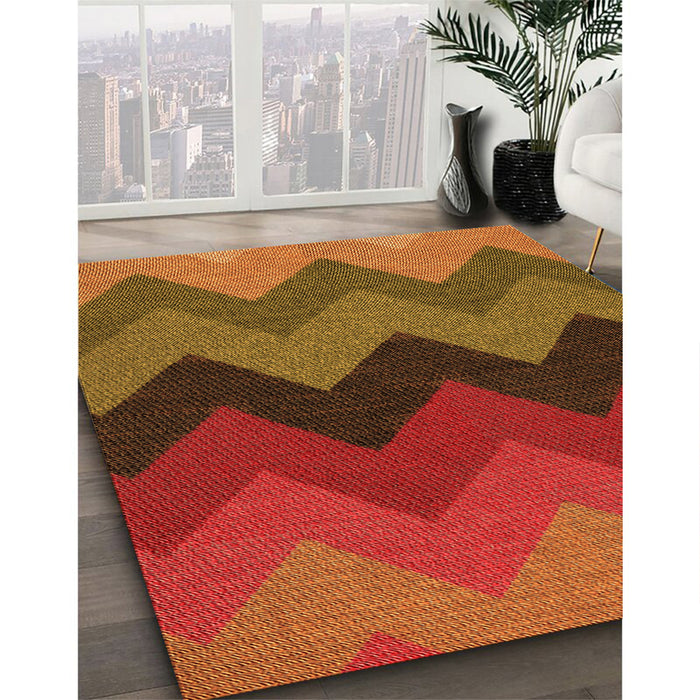 Patterned Tomato Red Rug in Family Room, pat334org