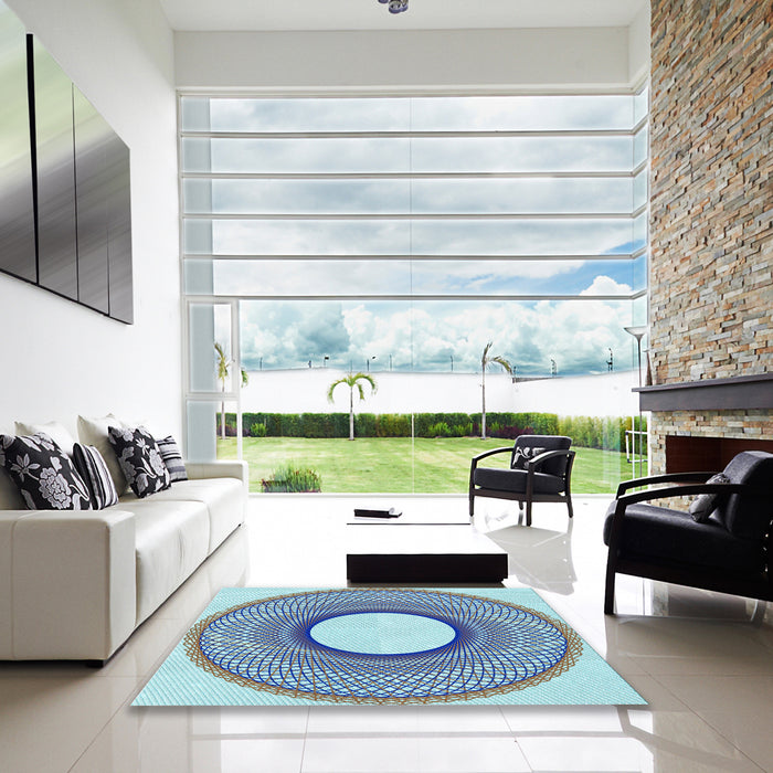 Machine Washable Transitional Azure Blue Rug in a Kitchen, wshpat3342lblu