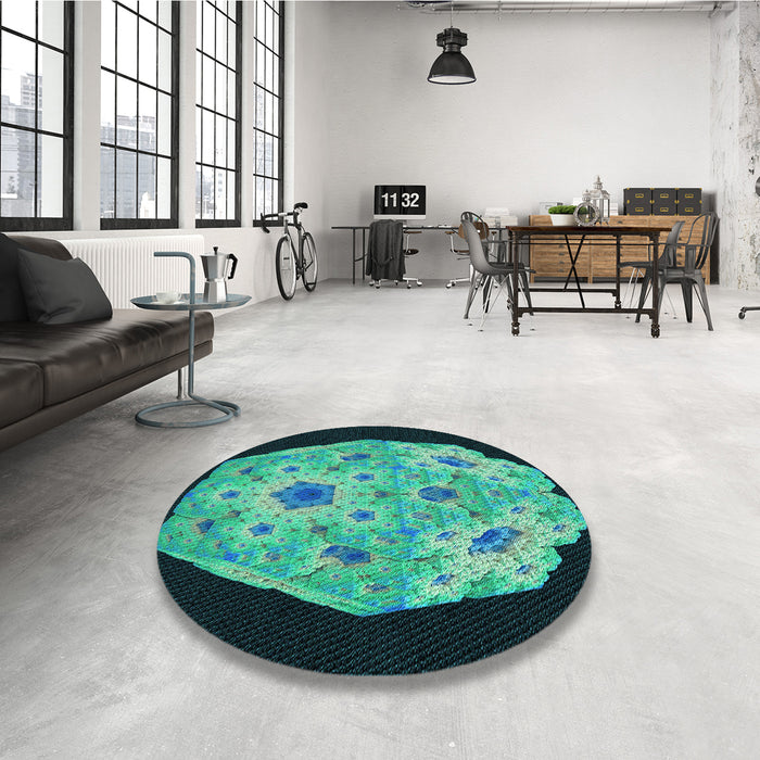 Round Patterned Deep Teal Green Rug in a Office, pat3360lblu