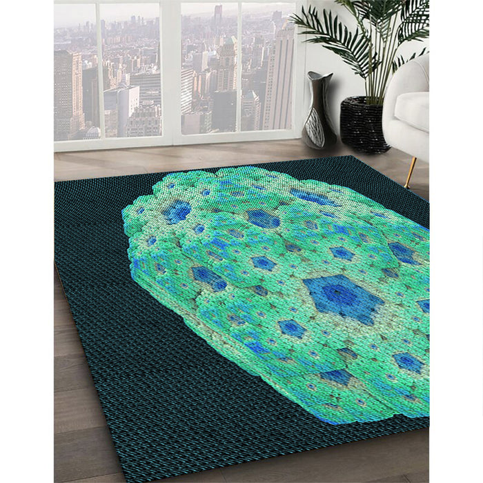 Patterned Deep Teal Green Rug in Family Room, pat3360lblu