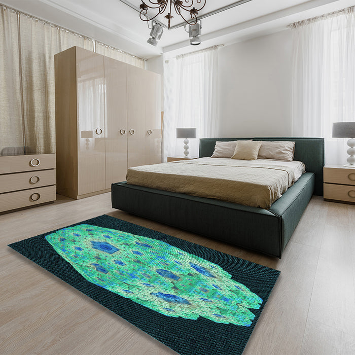 Patterned Deep Teal Green Rug in a Bedroom, pat3360lblu