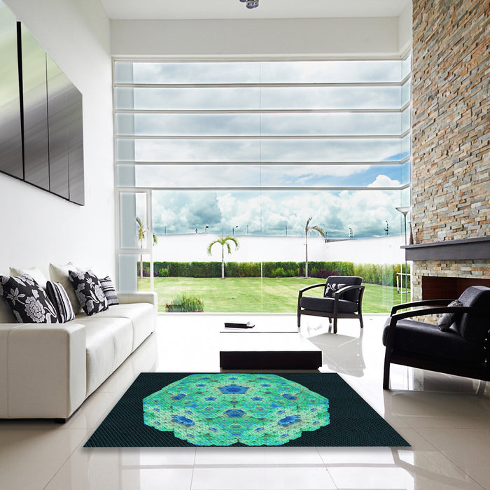 Square Patterned Deep Teal Green Rug in a Living Room, pat3360lblu