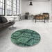 Round Machine Washable Transitional Emerald Green Rug in a Office, wshpat3361