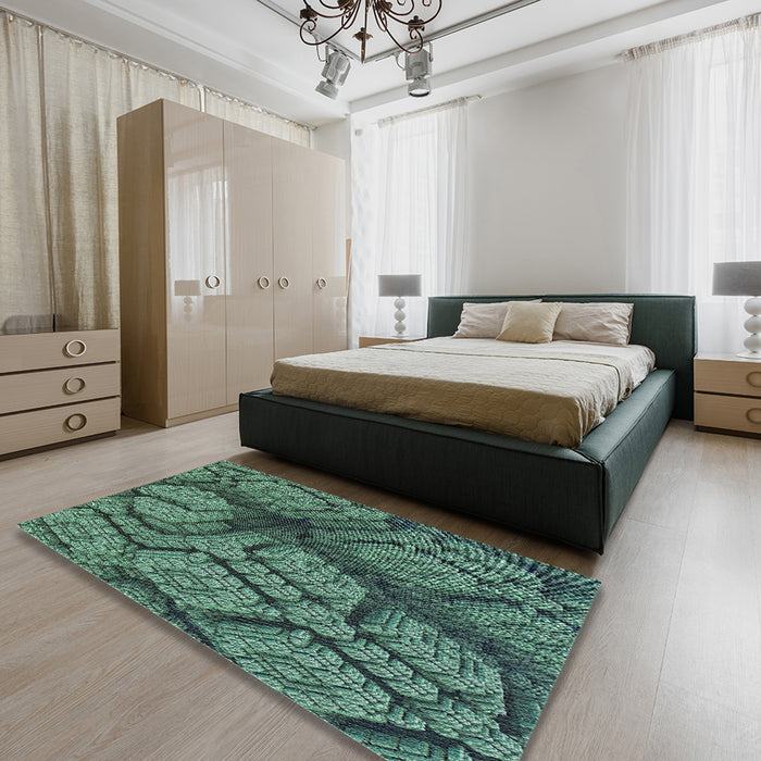 Machine Washable Transitional Emerald Green Rug in a Bedroom, wshpat3361