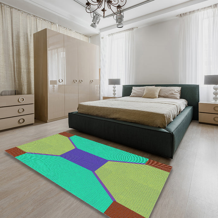 Patterned Khaki Green Rug in a Bedroom, pat3366lblu