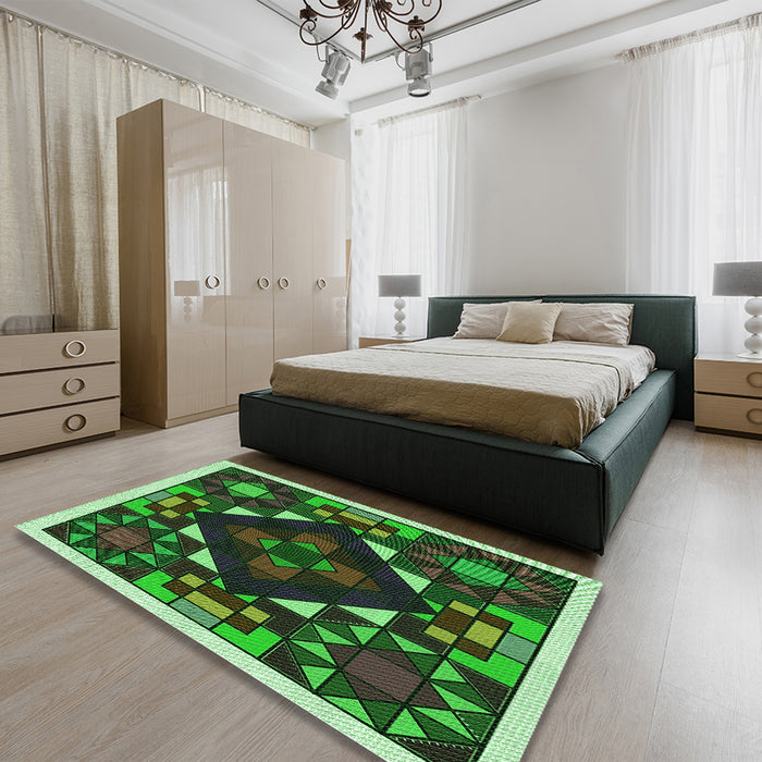 Patterned Dark Forest Green Rug in a Bedroom, pat3367grn