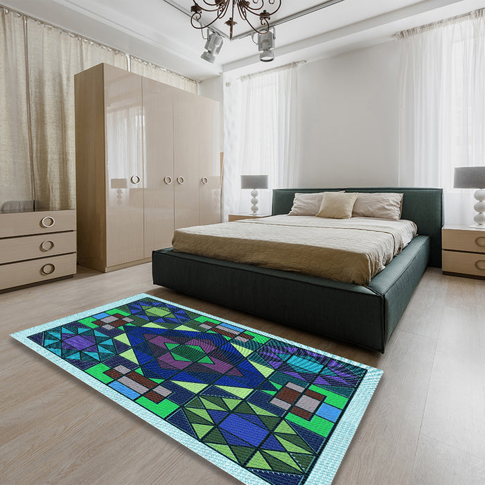 Patterned Green Rug in a Bedroom, pat3367lblu