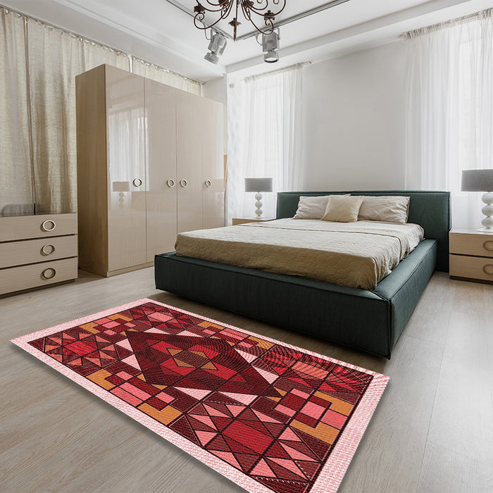 Patterned Crimson Red Rug in a Bedroom, pat3367rd