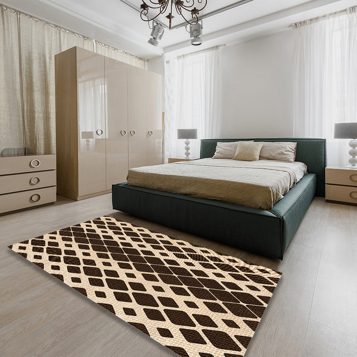 Patterned Black Brown Rug in a Bedroom, pat3385org