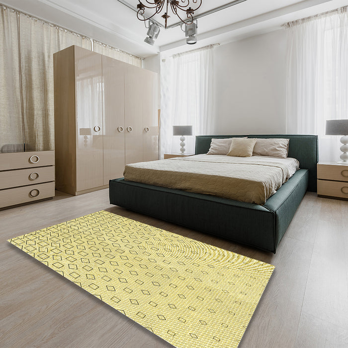 Patterned Yellow Rug in a Bedroom, pat3386yw