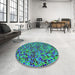 Round Machine Washable Transitional Blue Rug in a Office, wshpat3393