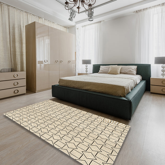 Patterned Moccasin Beige Rug in a Bedroom, pat3398brn