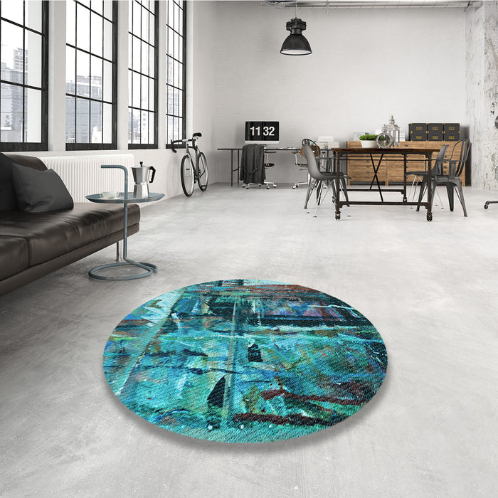 Patterned Turquoise Green Rug in a Kitchen, pat34lblu