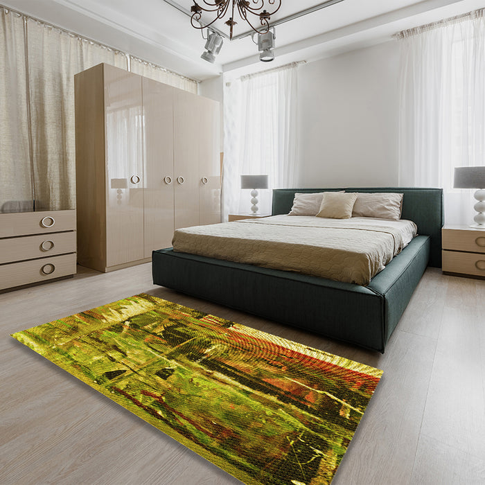 Patterned Dark Bronze Brown Rug in a Bedroom, pat34yw