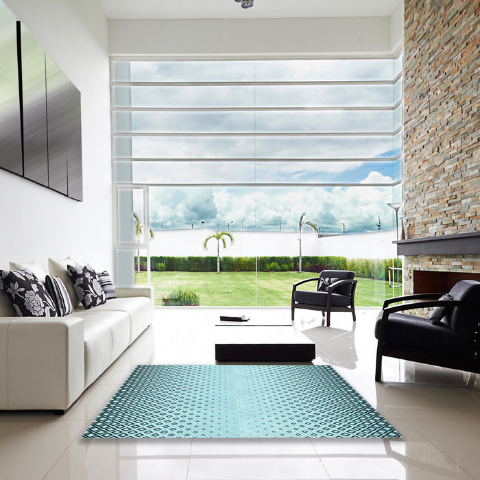 Machine Washable Transitional Deep-Sea Green Rug in a Kitchen, wshpat3401lblu