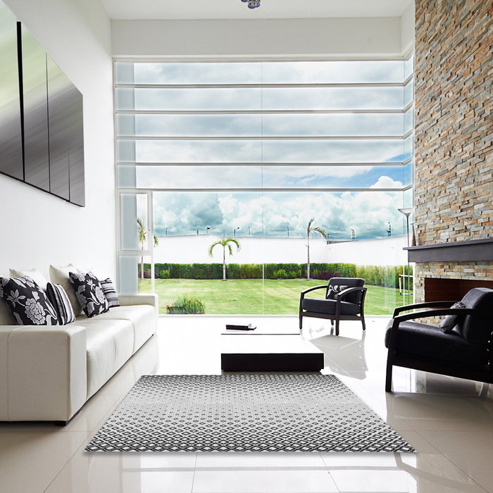 Square Patterned Off-White Novelty Rug in a Living Room, pat3401