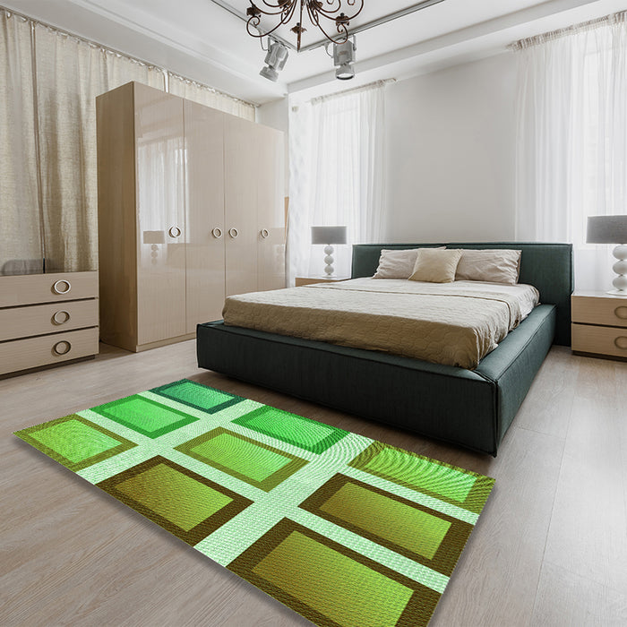 Patterned Dark Lime Green Rug in a Bedroom, pat3408grn