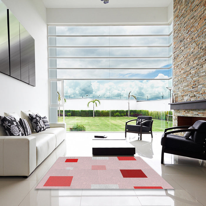 Square Patterned Light Rose Pink Novelty Rug in a Living Room, pat3409