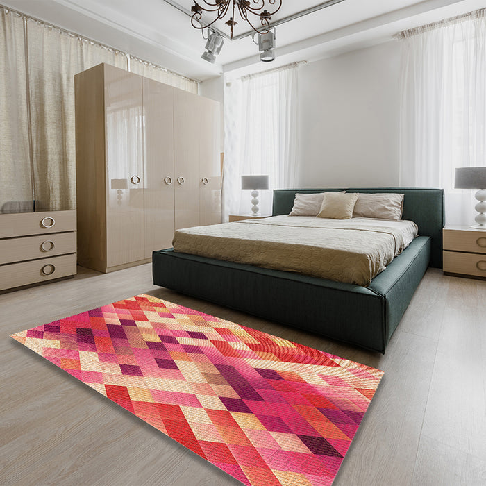 Patterned Crimson Red Rug in a Bedroom, pat3412org