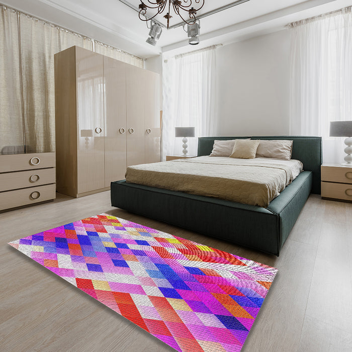 Patterned Violet Red Pink Modern Rug in a Bedroom, pat3412