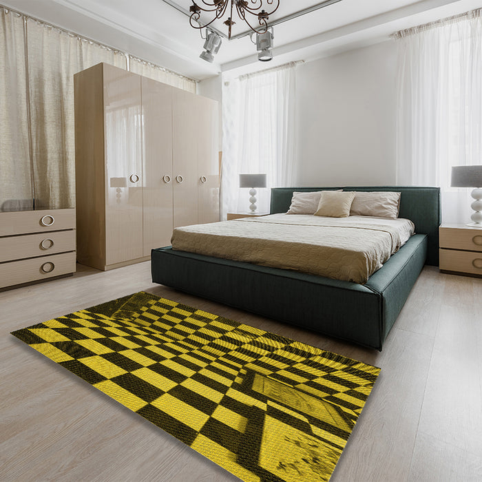 Patterned Black Brown Rug in a Bedroom, pat3415yw