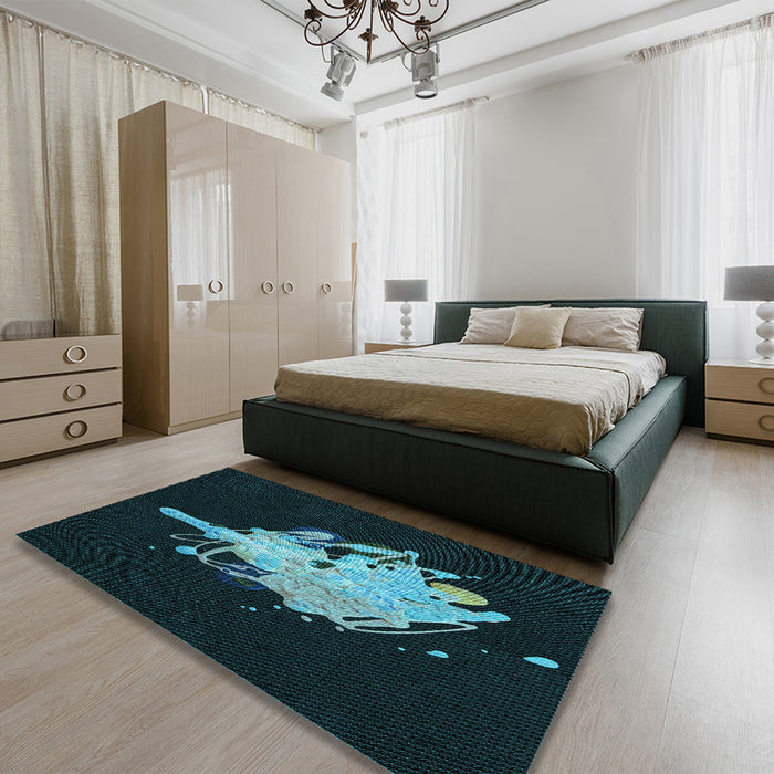 Patterned Dark Cyan Green Rug in a Bedroom, pat3418lblu