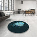 Round Patterned Dark Cyan Green Rug in a Office, pat3418lblu