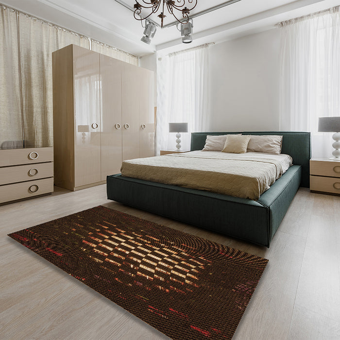 Patterned Black Brown Rug in a Bedroom, pat3419org