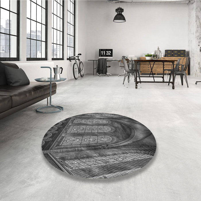 Round Patterned Dark Gray Black Rug in a Office, pat3422gry