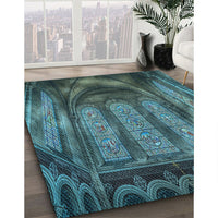 Patterned Dark Blue Grey Blue Rug, pat3422lblu