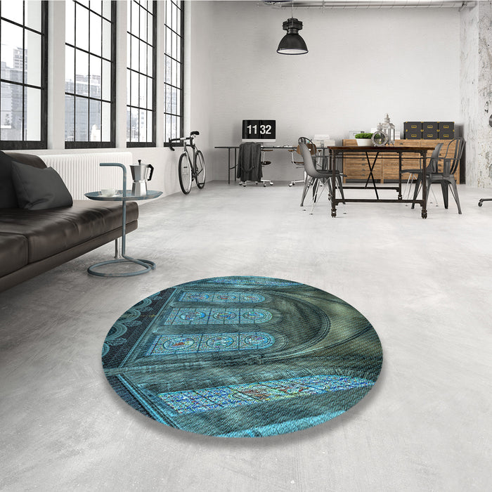 Round Patterned Dark Blue Grey Blue Rug in a Office, pat3422lblu