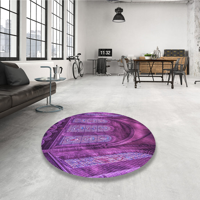 Round Patterned Dark Magenta Purple Rug in a Office, pat3422pur