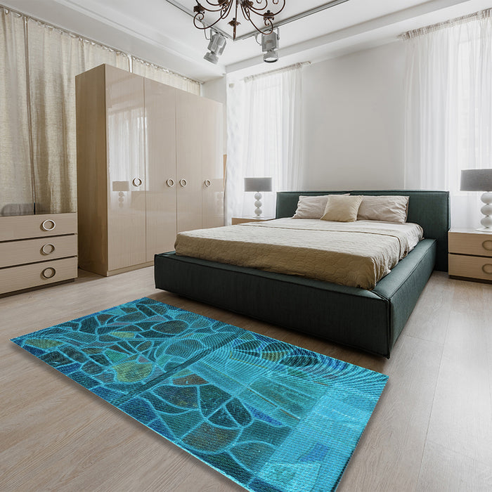 Patterned Teal Green Rug in a Bedroom, pat3423lblu