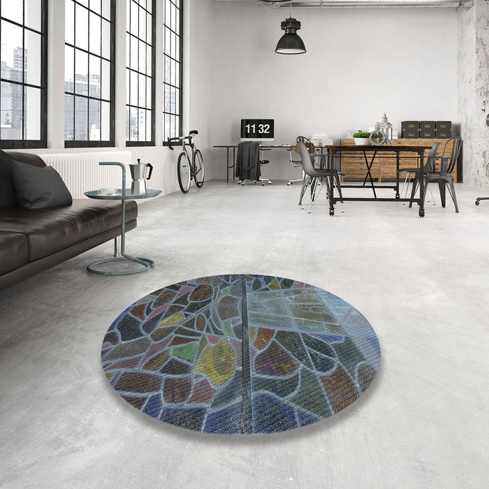 Round Machine Washable Transitional Gunmetal Green Rug in a Office, wshpat3423