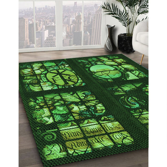 Patterned Dark Forest Green Rug in Family Room, pat3424grn