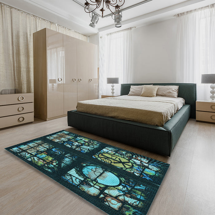 Patterned Deep Teal Green Rug in a Bedroom, pat3424lblu
