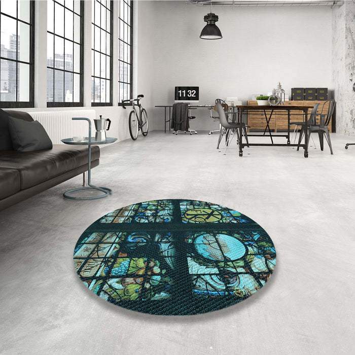 Round Patterned Deep Teal Green Rug in a Office, pat3424lblu