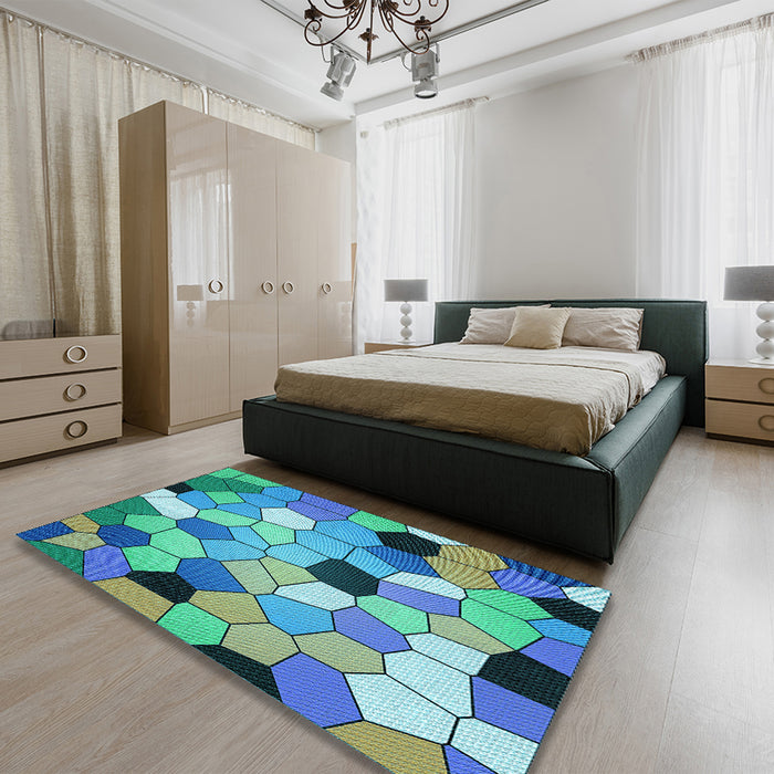 Patterned Turquoise Green Rug in a Bedroom, pat3425lblu