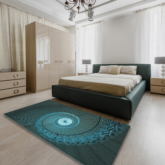 Patterned Dark Cyan Green Rug in a Bedroom, pat3428lblu