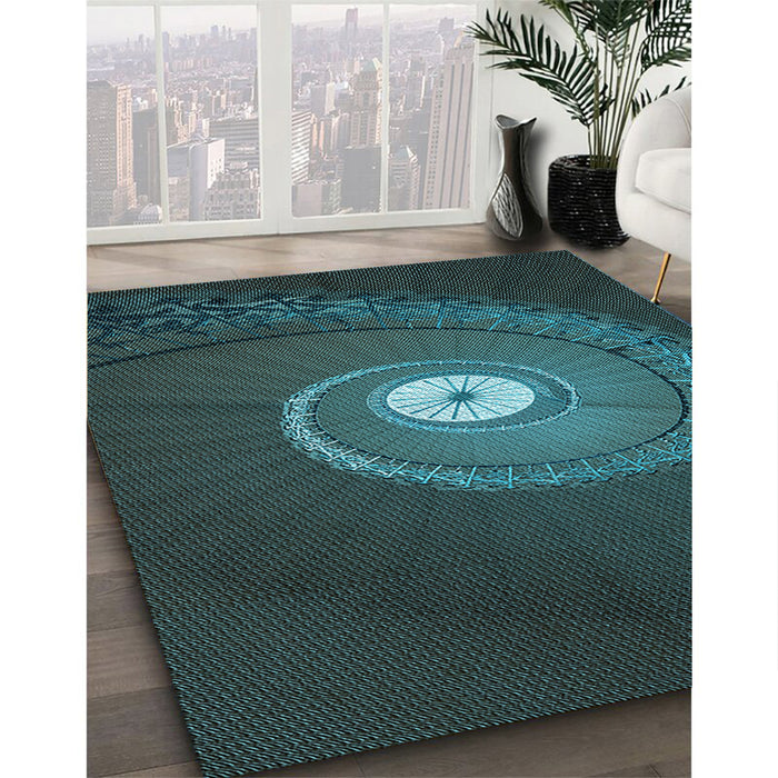 Patterned Dark Cyan Green Rug in Family Room, pat3428lblu